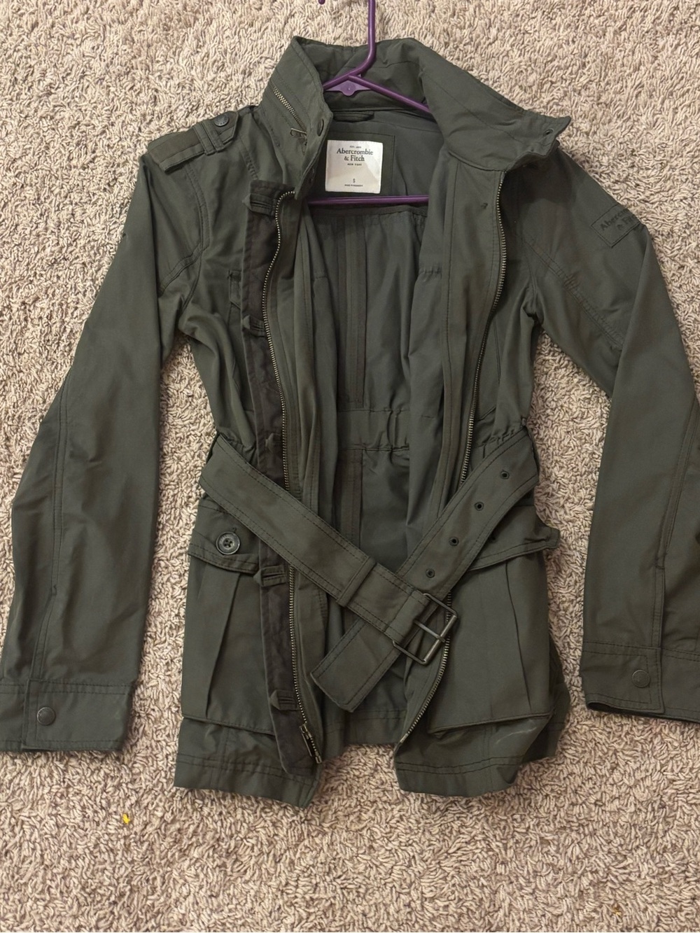 1 hr sale A&F vintage Olive Green Utility Jacket Belt hidden hoodie pockets NWOT